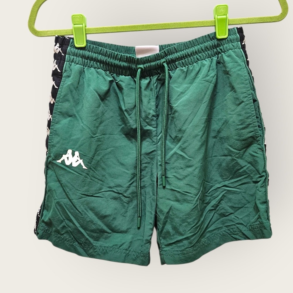Kappa Mens Green Nylon Logo Tape Athletic Shorts Small Drawstring Mesh Lined
